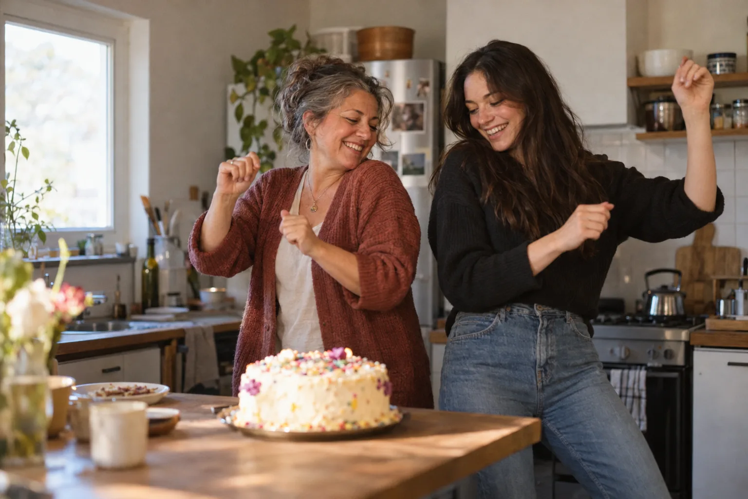 A mother and adult daughter sharing a kitchen dance near a birthday cake