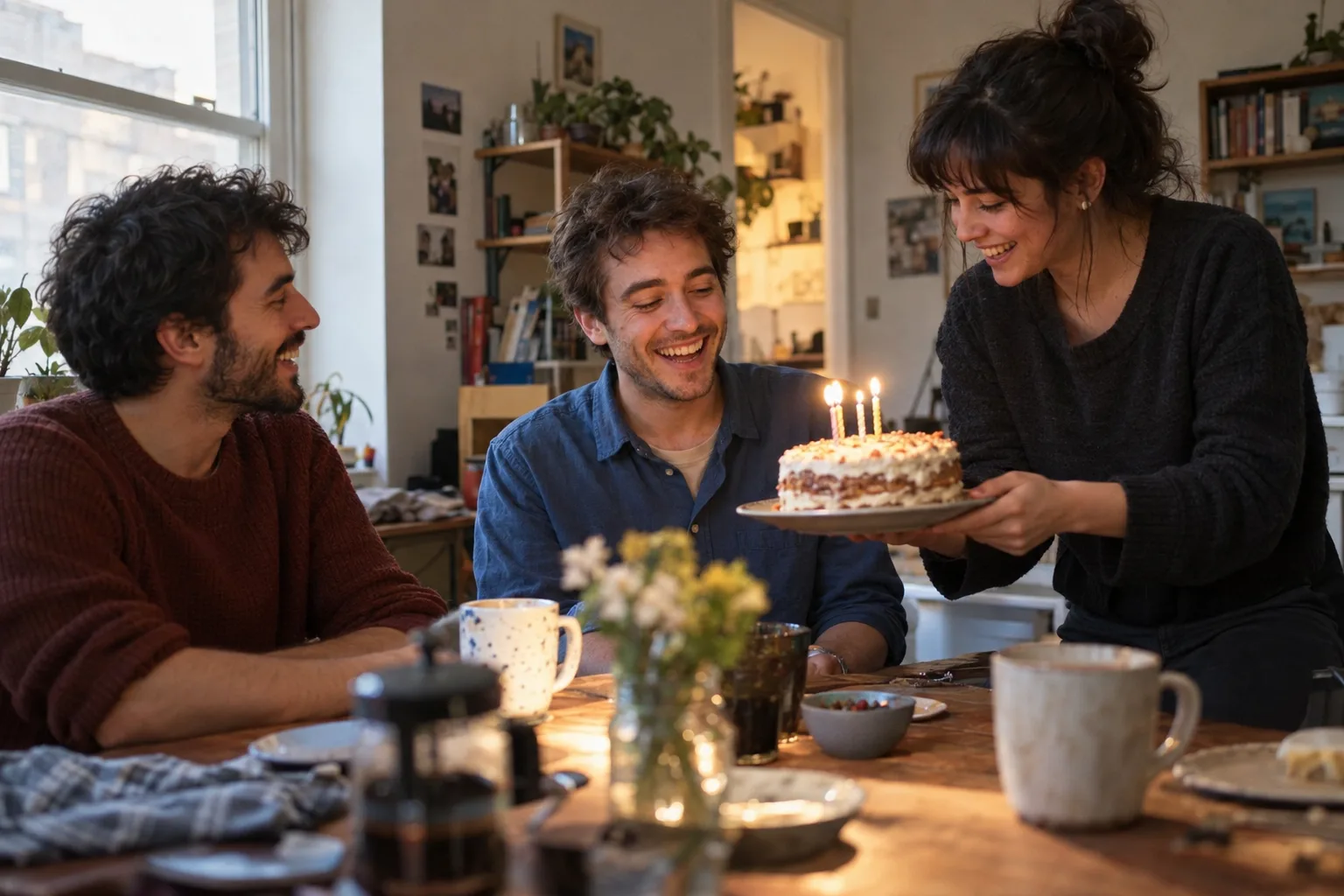 Three friends with a small birthday cake in an apartment