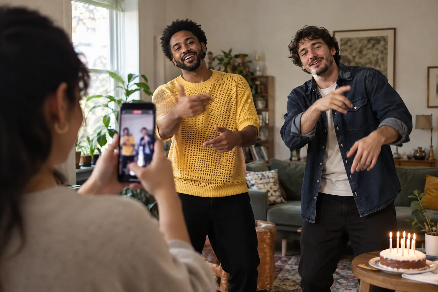 A phone filming two friends performing beside a birthday cake