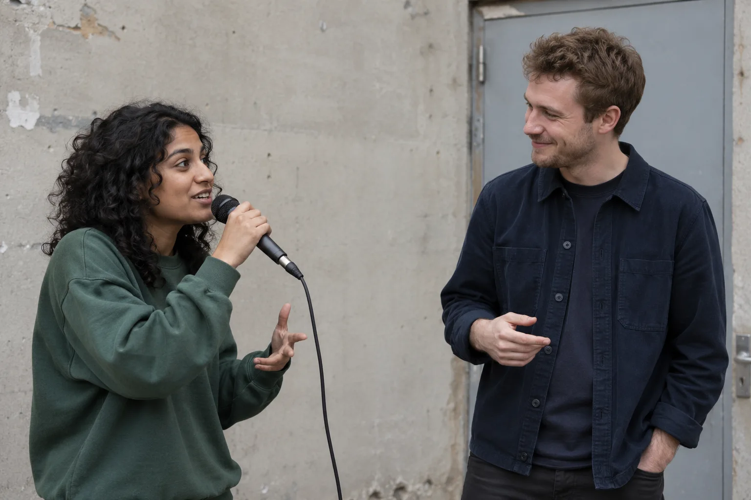 Two fictional friends trading playful lines with a wired microphone outside a rehearsal space