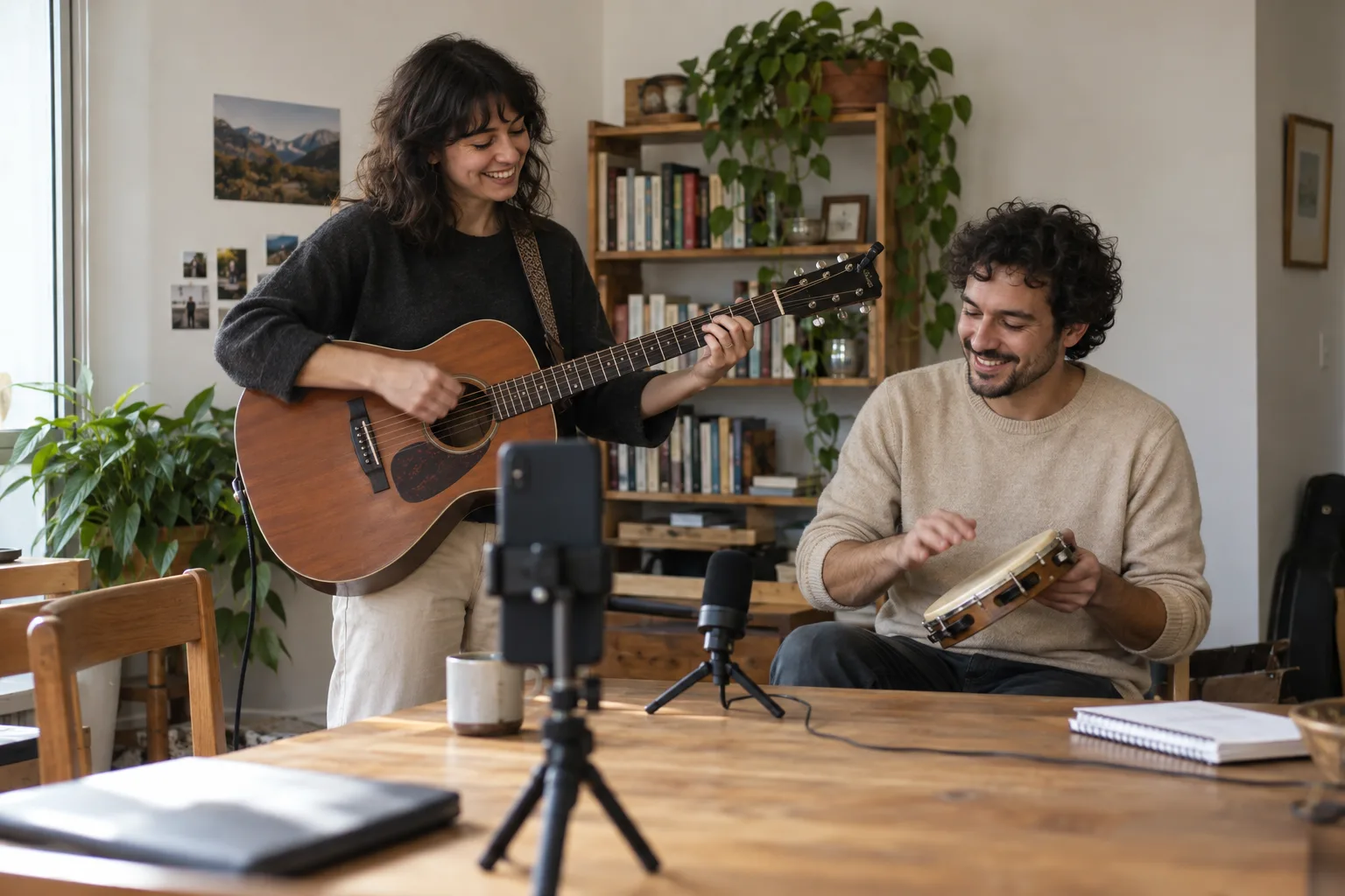 Two friends rehearsing music behind a desk while a phone on a tripod records
