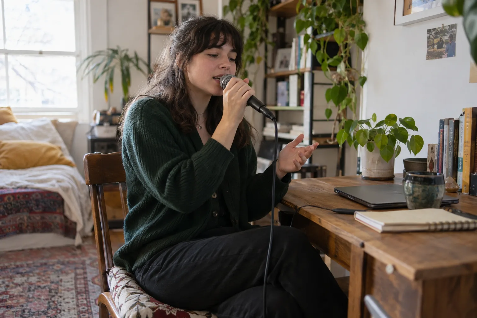 A woman holding a microphone beside a desk in a sunlit room