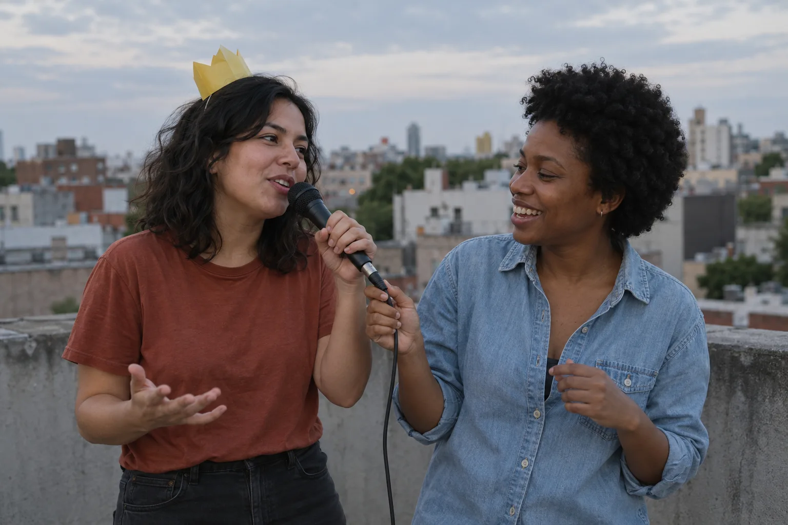 Two fictional friends sharing a birthday rap on a modest rooftop in natural evening light
