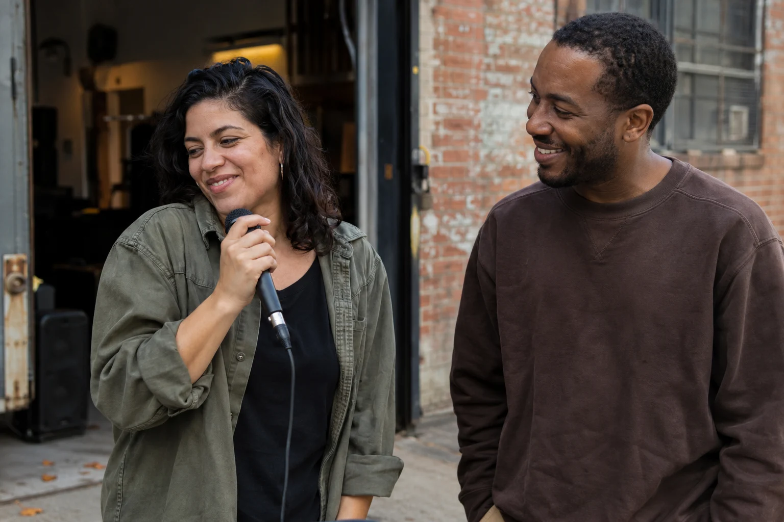 Two fictional friends smiling with a wired microphone outside a rehearsal space
